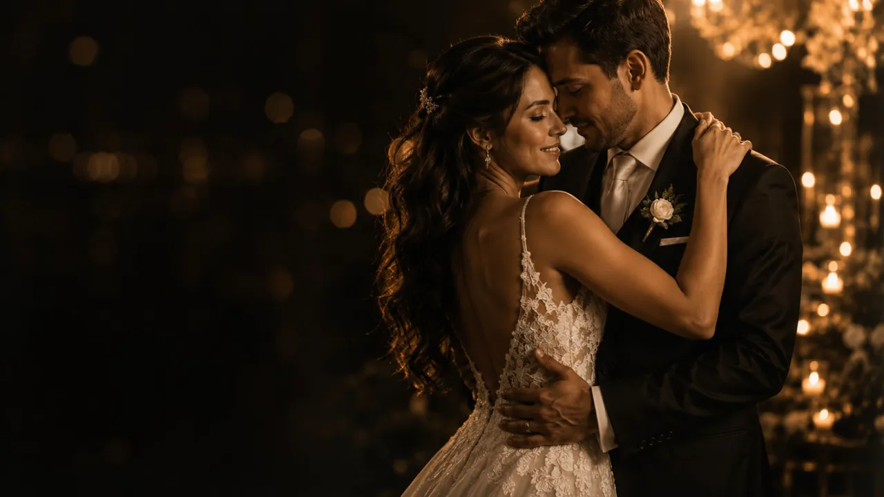 Casal de noivos em uma fotografia de casamento